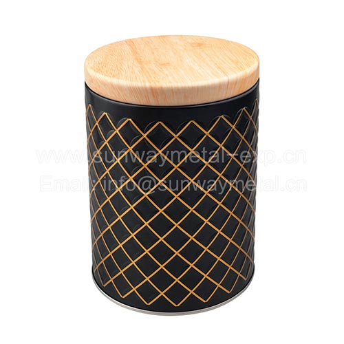  round tin with wood grain lid/storage tin