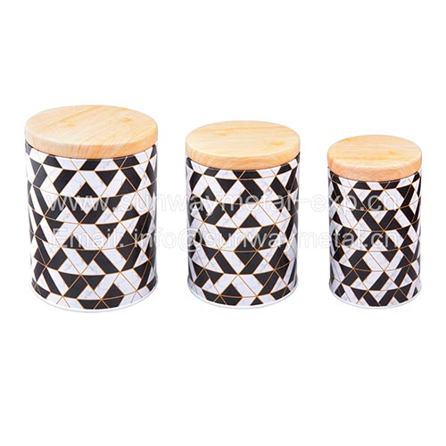  round tin with wood grain lid/storage tin