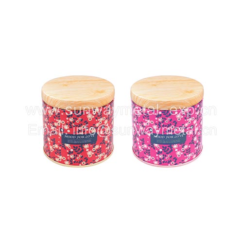  round tin with wood grain lid/storage tin